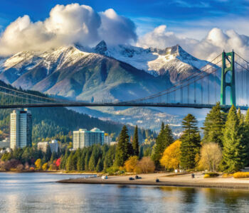 Snow-capped mountains rising behind Vancouver’s Lions Gate Bridge on a bright, clear day.
