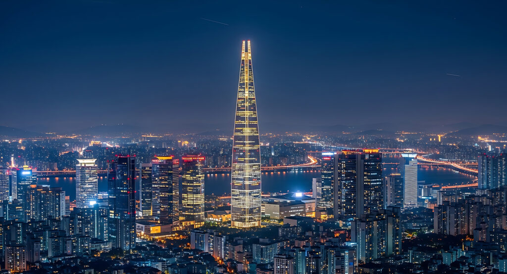 Seoul city view with Lotte World Tower and Han River lights