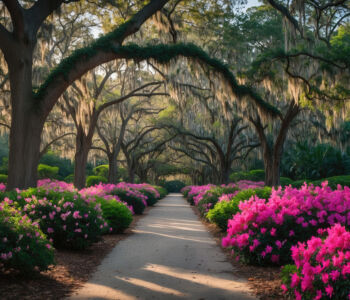 Pathway lined with blooming azaleas beneath live oaks draped in Spanish moss at Magnolia Plantation in Charleston.