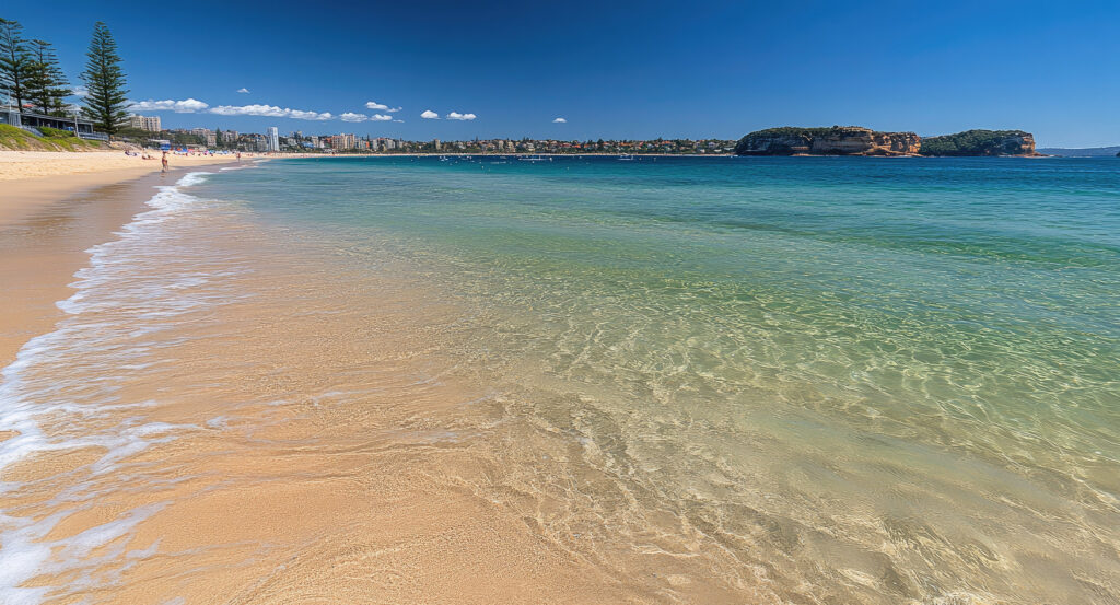 Aerial view of Manly Beach with ocean waves and promenade