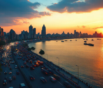 Marine Drive at sunset with Mumbai’s skyline, curved bay, and traffic lights streaking along the Queen’s Necklace.