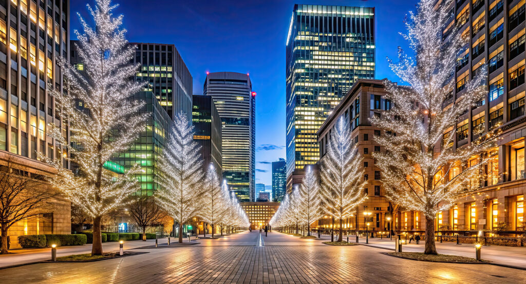 Night view of Marunouchi district near Tokyo Station with festive lights