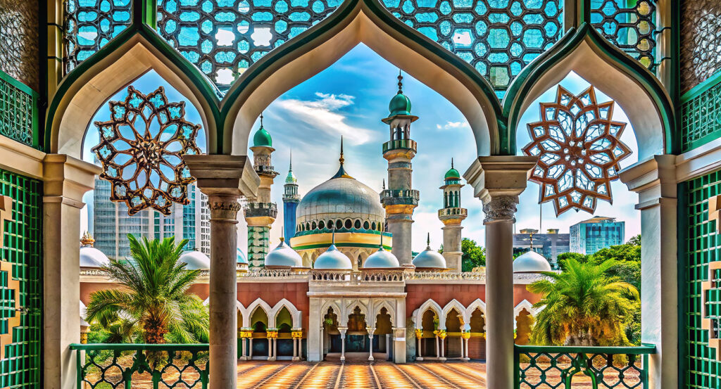 Ornamental arches framing Jamek Mosque with turquoise domes and minarets in Malaysia.
