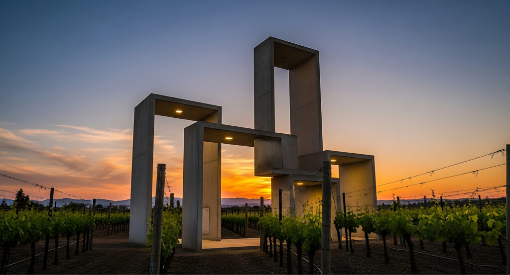 Modern geometric pavilion rising among vineyard rows in Napa