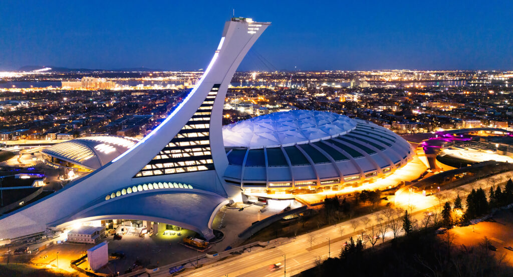 Tower of Montreal Olympic Stadium at dusk
