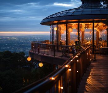 Mount Coot-tha Lookout with glowing lantern-lit café overlooking Brisbane city lights