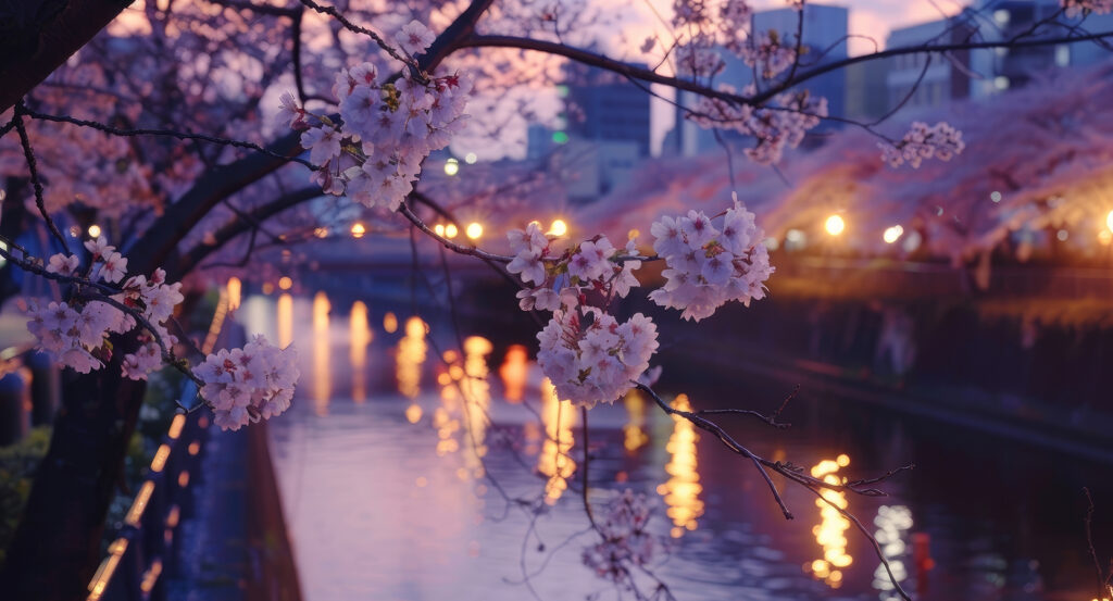 Lanterns glowing above the Nakameguro riverwalk at night in Tokyo