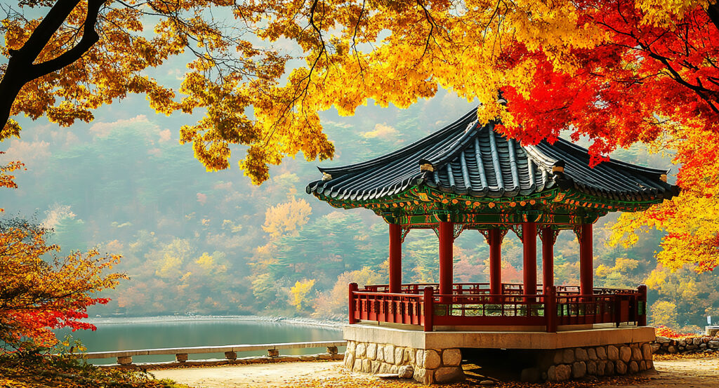 Vibrant fall foliage and pavilion overlooking the lake on Nami Island