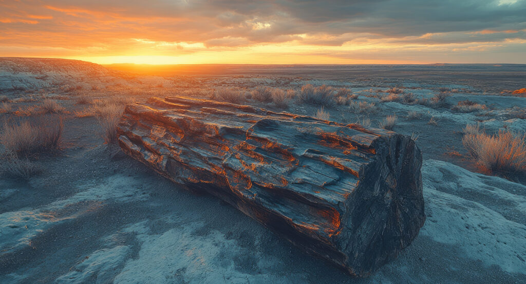 Ancient fossilized wood in Napa’s Petrified Forest with mountain view