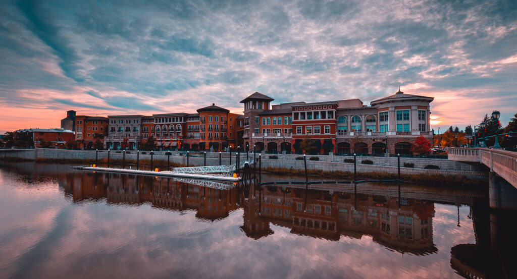Evening skyline of Downtown Napa with colorful waterfront architecture