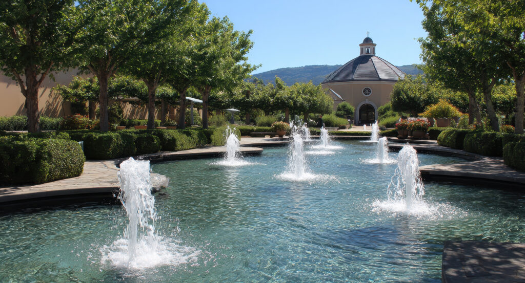View of Robert Mondavi Winery estate surrounded by vineyards in Napa Valley