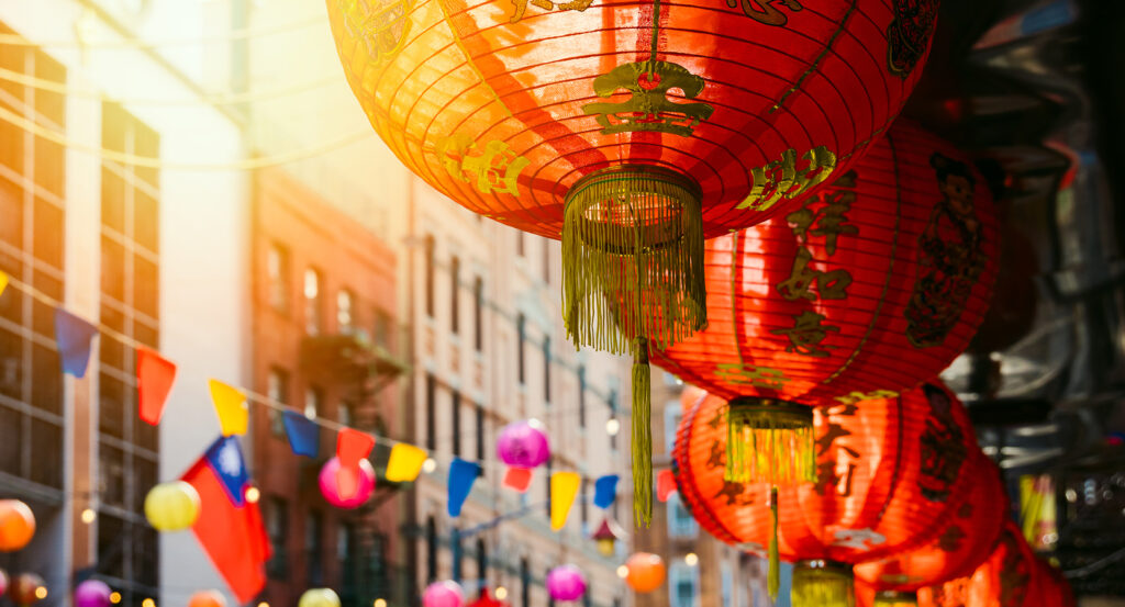 Lanterns and colorful flags decorating Chinatown in Manhattan