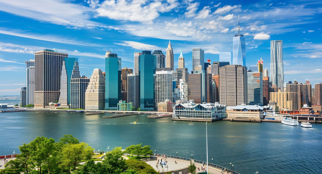 Governors Island park with views of Lower Manhattan skyscrapers