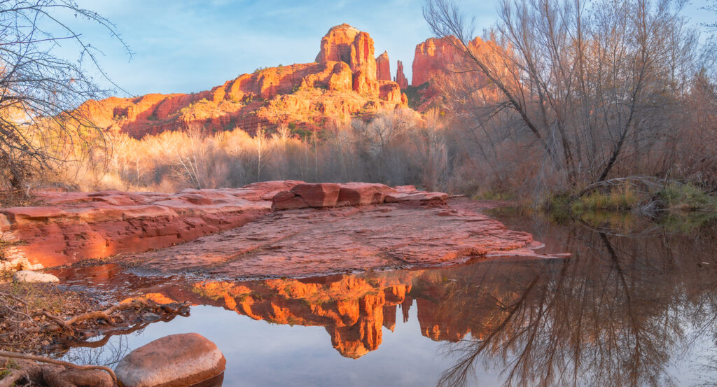 Oak Creek reflecting Cathedral Rock near Crescent Moon Picnic Site in Sedona