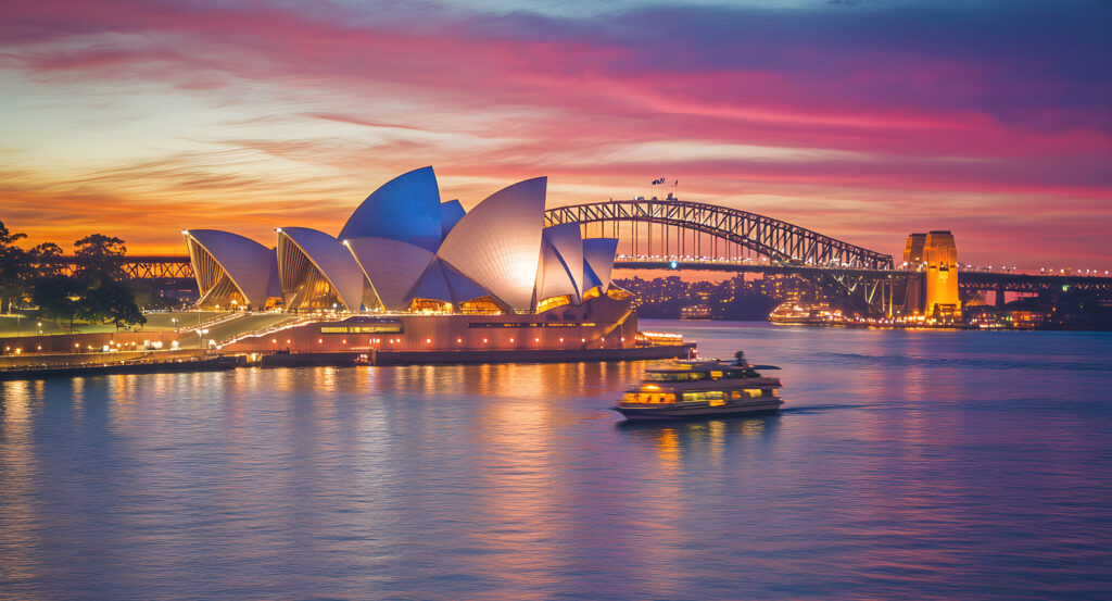 Sydney Opera House and Harbour Bridge lit at twilight