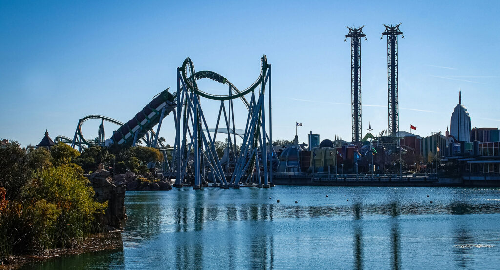 Lagoon view surrounded by attractions at Islands of Adventure in Orlando