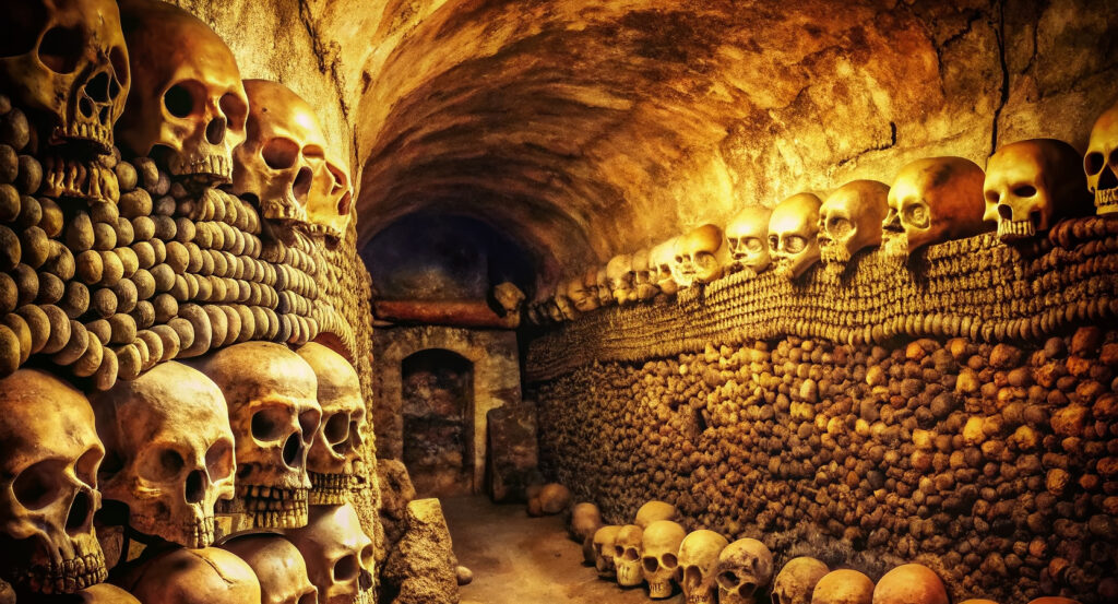 Underground passage lined with bones in the Paris Catacombs