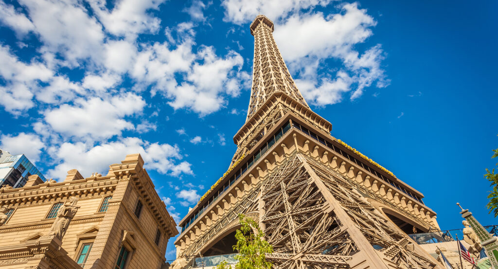 Close-up view of the Eiffel Tower replica at Paris Las Vegas on the Strip