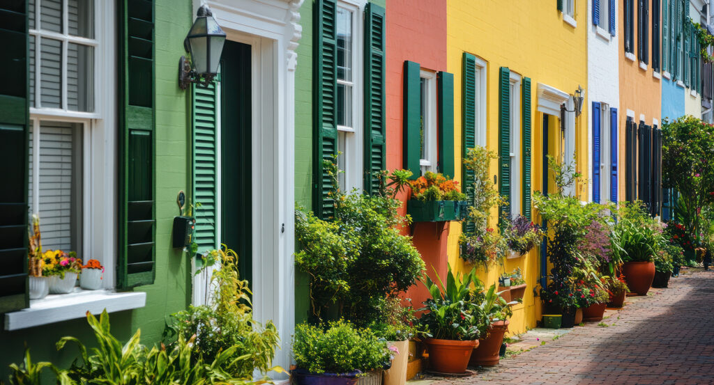 Charleston’s historic Rainbow Row with colorful facades