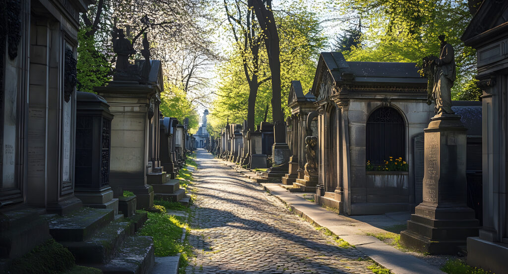 Historic monuments and graves at Pere Lachaise Cemetery in Paris