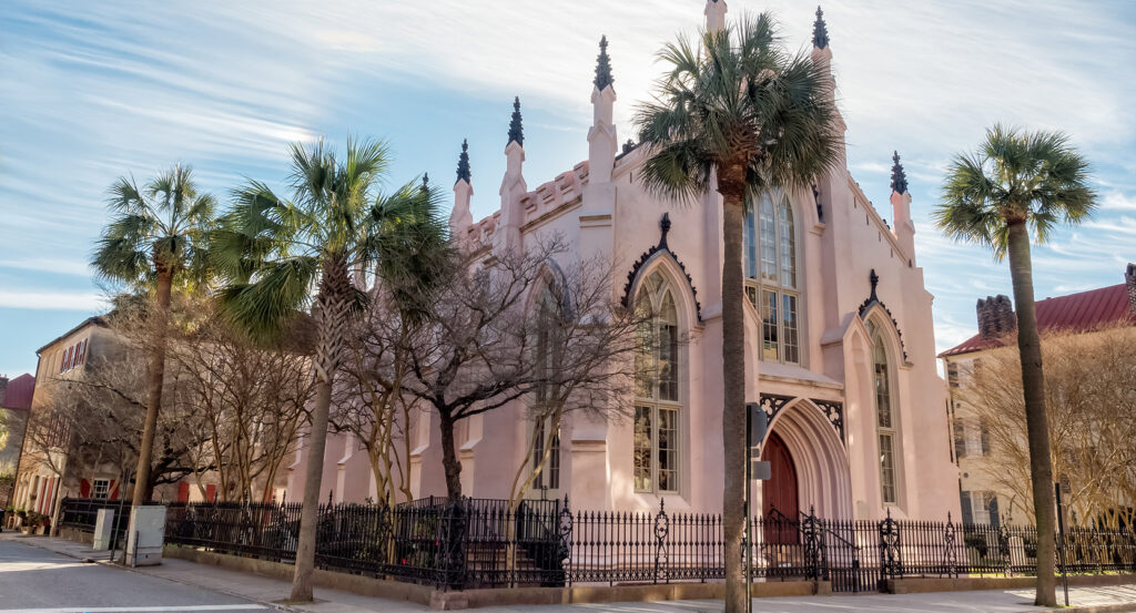 Exterior of the French Huguenot Church in Charleston on a sunny day