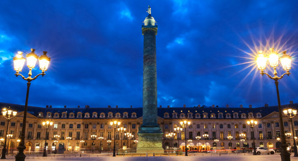 Panoramic view of Place Vendome square with historic buildings