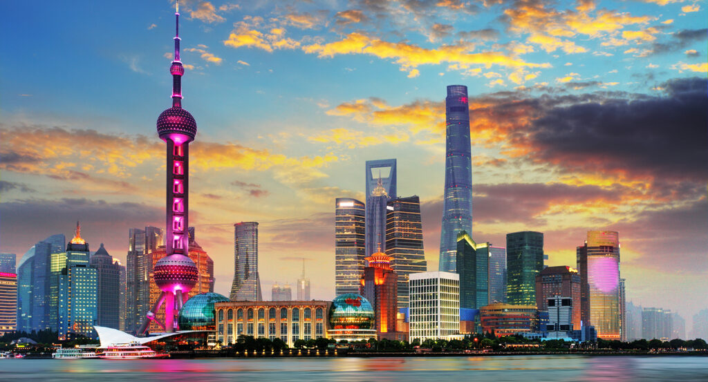 Pudong financial district lit up at night in Shanghai