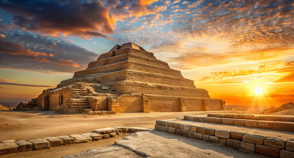 Pyramid of Djoser in Egypt with golden sky