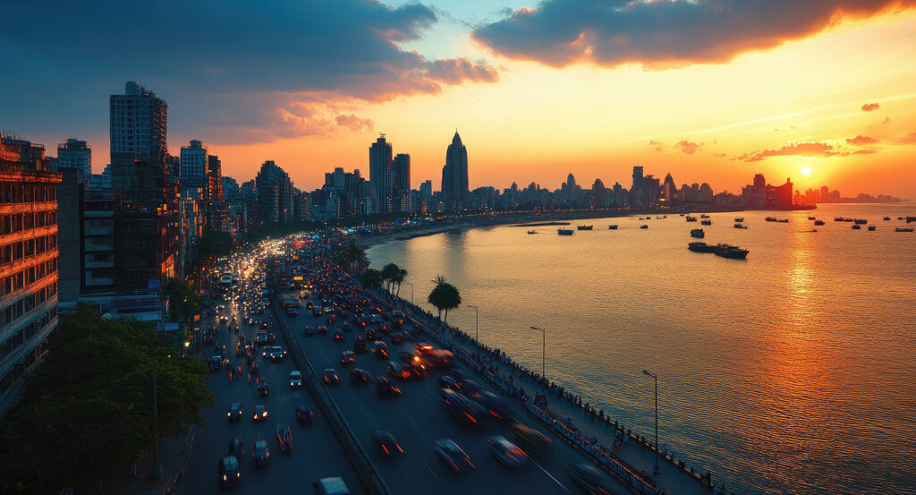 Queen’s Necklace lights glowing along Marine Drive in Mumbai