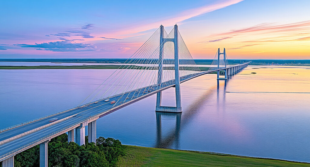 View of Arthur Ravenel Jr. Bridge over water with pastel evening sky