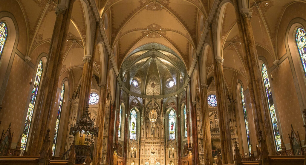 Stained glass windows inside Saint Patrick's Basilica in Montreal