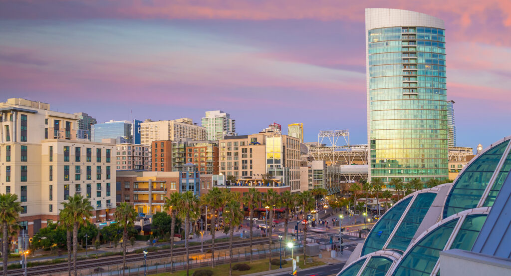 Neon lights and bustling nightlife scene in San Diego’s Gaslamp Quarter