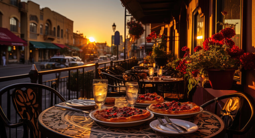 Street view of San Diego's Little Italy with cafes and shops