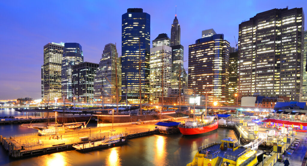 New York City’s South Street Seaport waterfront at night