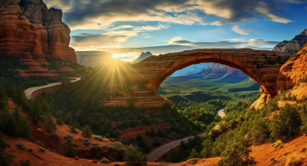 Devil’s Bridge sandstone arch with valley backdrop in Sedona