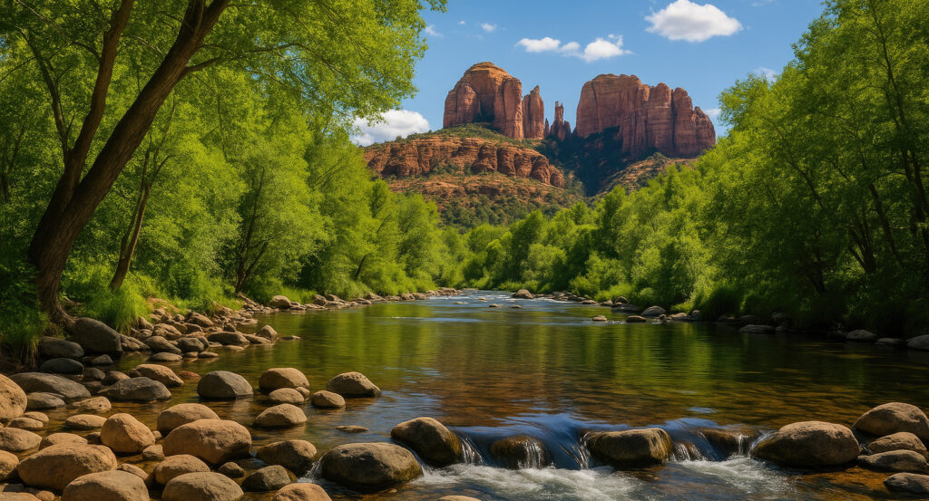 Oak Creek Canyon surrounded by lush greenery and red rock formations in Sedona