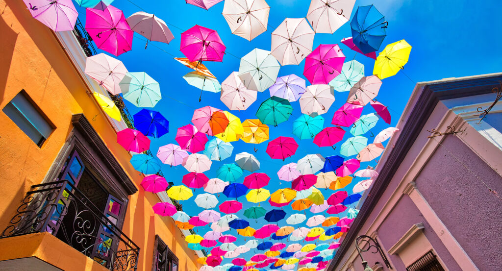 Courtyard and hanging umbrellas at Tlaquepaque Arts Sedona