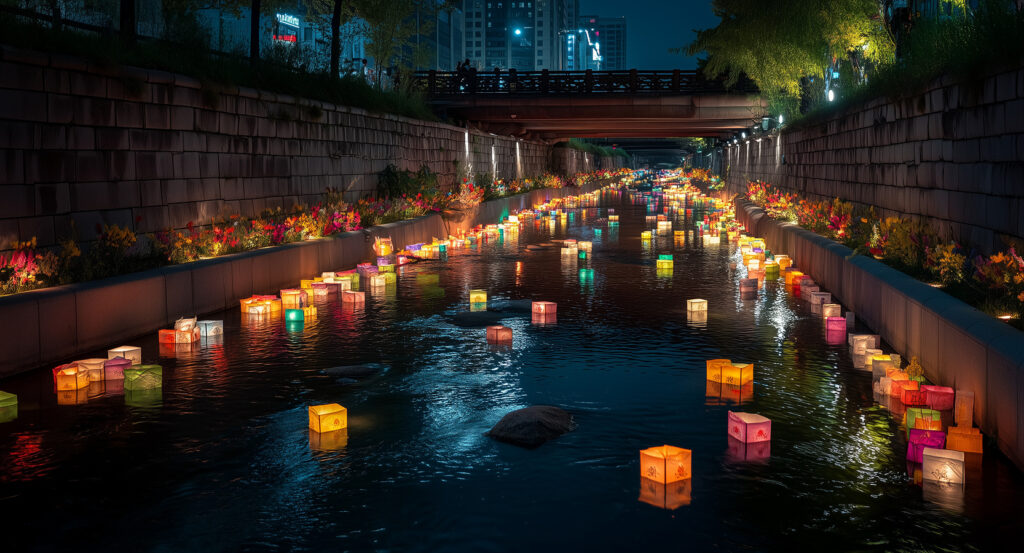 Illuminated Cheonggyecheon Stream with colorful lanterns and city backdrop