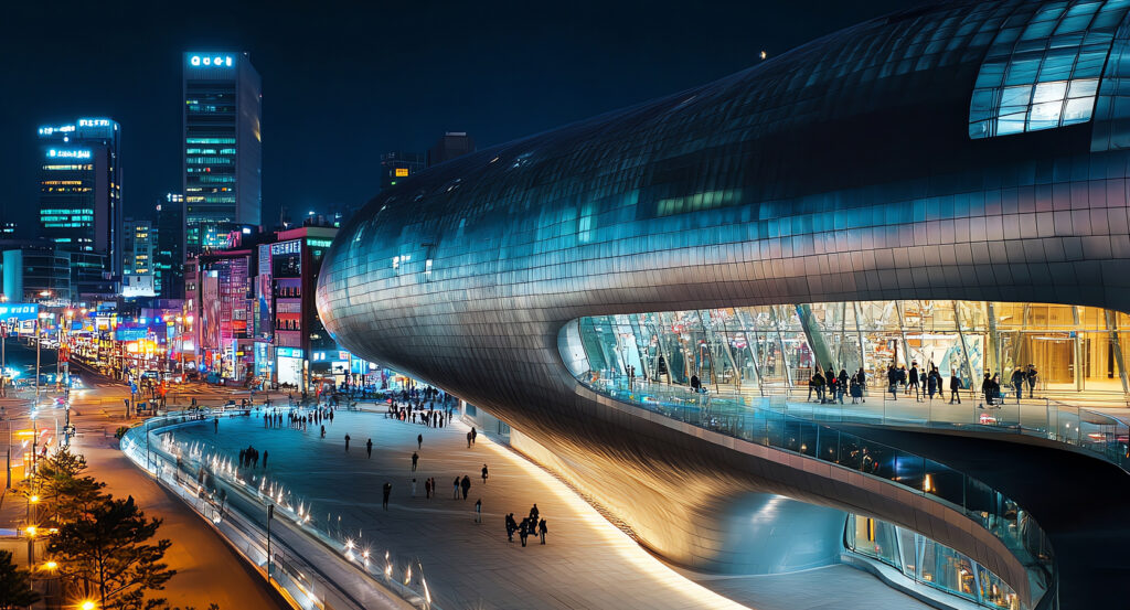 Exterior of Dongdaemun Design Plaza illuminated at night