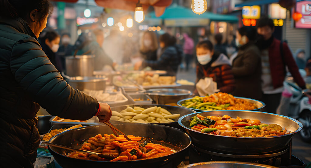 Vendor preparing traditional Korean food at Gwangjang Market Seoul