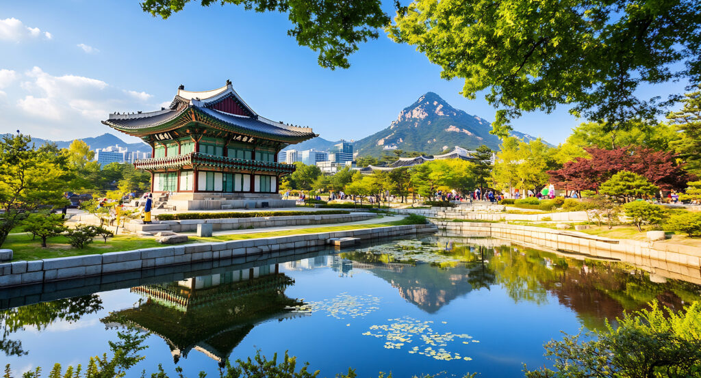 Scenic view of Gyeongbokgung Palace with mountain backdrop