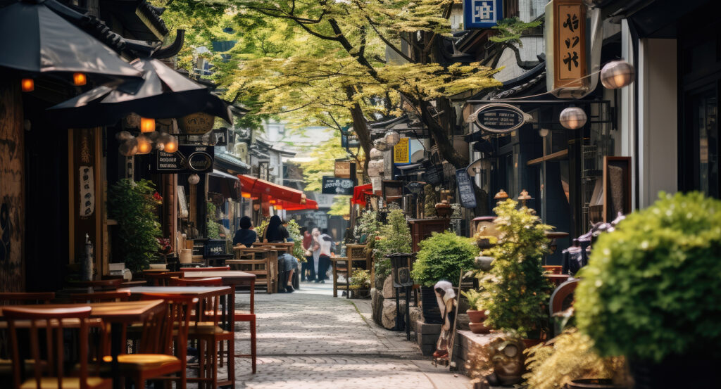 A narrow lane in Seoul’s Insadong district with outdoor seating, tea houses, and antique storefronts