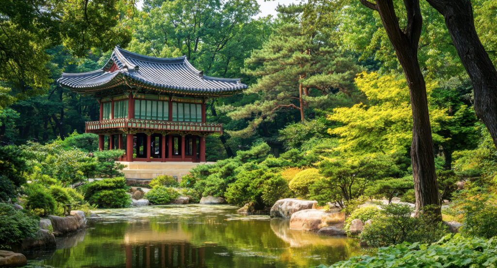 Scenic pond view inside Changdeokgung Secret Garden