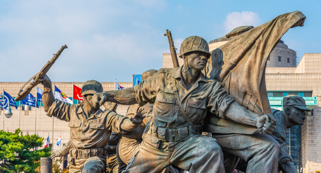 Flags and sculptures at the War Memorial of Korea in Seoul