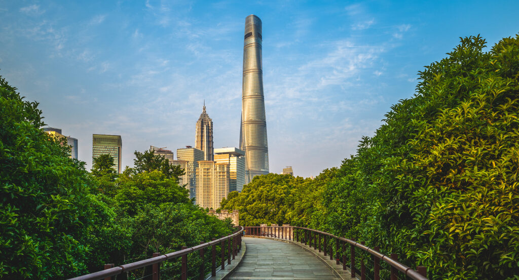 Observation deck of Shanghai Tower overlooking Shanghai skyline
