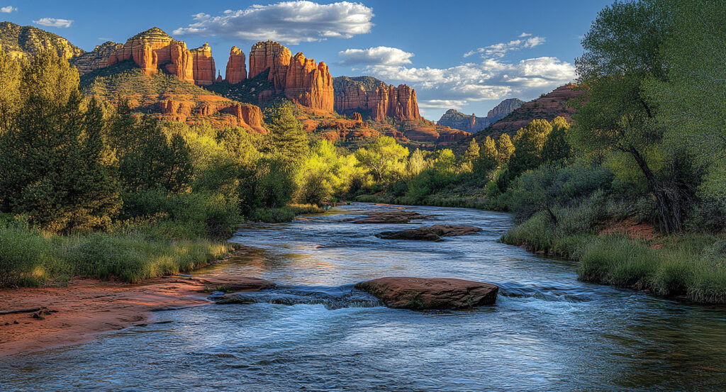 Oak Creek flowing through Slide Rock State Park with red rock cliffs