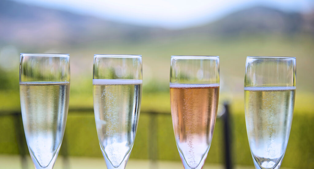 Sparkling wine glasses lined up at Domaine Carneros tasting terrace