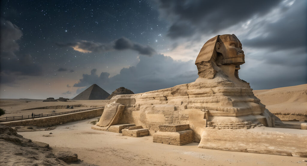 Limestone Sphinx at Giza Plateau at dusk with pyramids