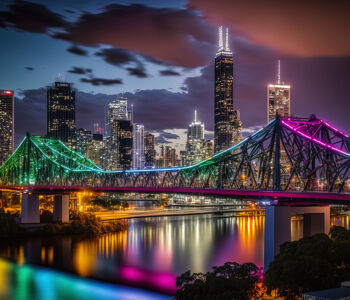 Story Bridge in Brisbane illuminated with colorful lights at night