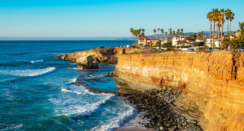 Sea caves and tide pools at low tide along Sunset Cliffs